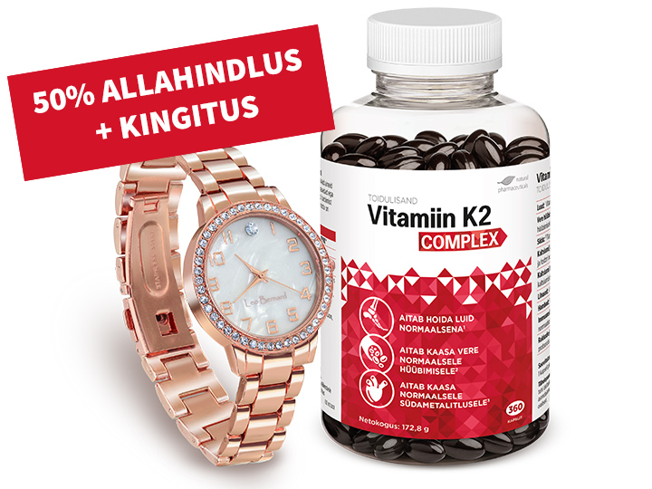 Natural Pharmaceuticals Vitamiin K2 Complex Toidulisandi Vitamiin K2 Complex 360 kapslit pakend, mille kõrval on kuldne tsirkoonidega käekell. Ülaosas on punane bänner kirjaga „50% ALLAHINDLUS + KINGITUS”, mis tähendab „50% allahindlus + kingitus”.