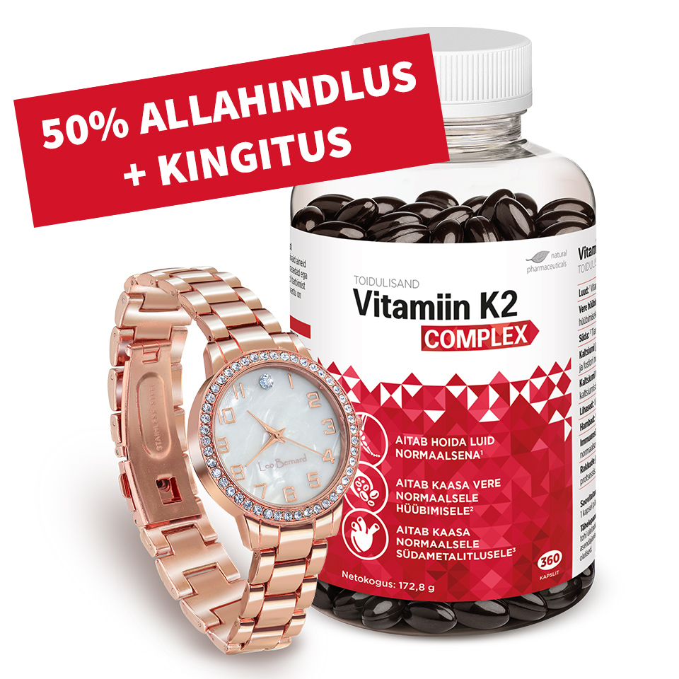 Natural Pharmaceuticals Vitamiin K2 Complex Toidulisandi Vitamiin K2 Complex 360 kapslit pakend, mille kõrval on kuldne tsirkoonidega käekell. Ülaosas on punane bänner kirjaga „50% ALLAHINDLUS + KINGITUS”, mis tähendab „50% allahindlus + kingitus”.