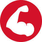 Natural Pharmaceuticals Vitamiin K2 Complex Valge jõusaali biitsepsi sümbol punasel ringil, rõhutades jõudu ja treeningut.